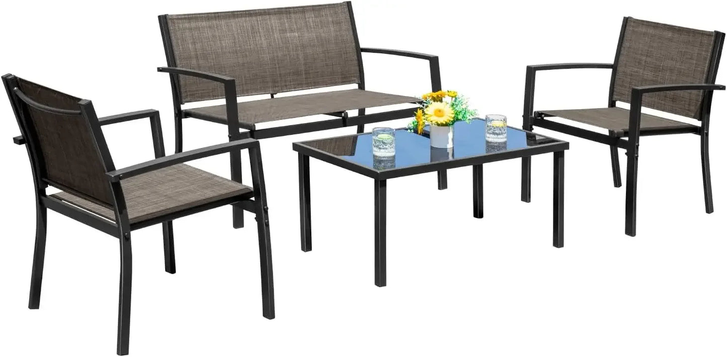 4 Pieces Patio Furniture Set Outdoor Garden Patio Conversation Sets Poolside Lawn Chairs with Glass Coffee Table