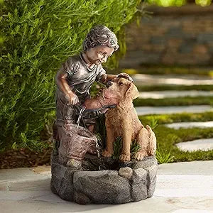 Boy and Girl Under Umbrella Outdoor Floor Water Fountain 40 Inch High Copper Green Bronze Resin for Garden Patio Yard Deck Home Lawn