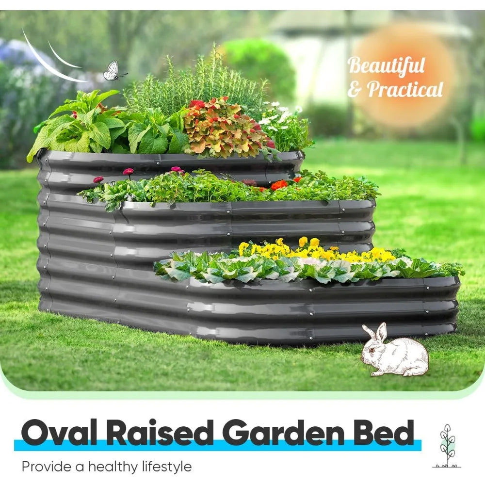 Quictent Galvanized Tiered Raised Garden Bed Kit Oval Planting Box 43x63x31.5 Inches for Vegetables Outdoor 3-in-1 Assembly Modular