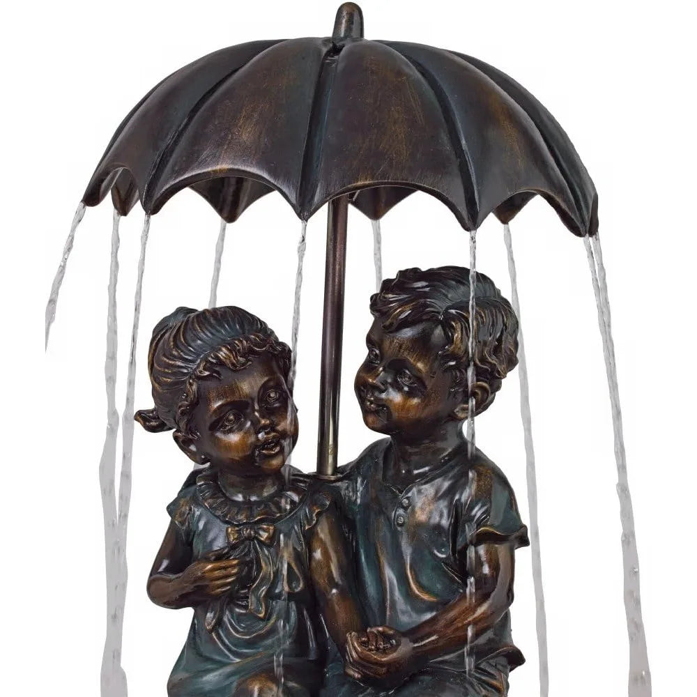 Boy and Girl Under Umbrella Outdoor Floor Water Fountain 40 Inch High Copper Green Bronze Resin for Garden Patio Yard Deck Home Lawn