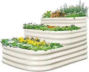 Quictent Galvanized Tiered Raised Garden Bed Kit Oval Planting Box 43x63x31.5 Inches for Vegetables Outdoor 3-in-1 Assembly Modular