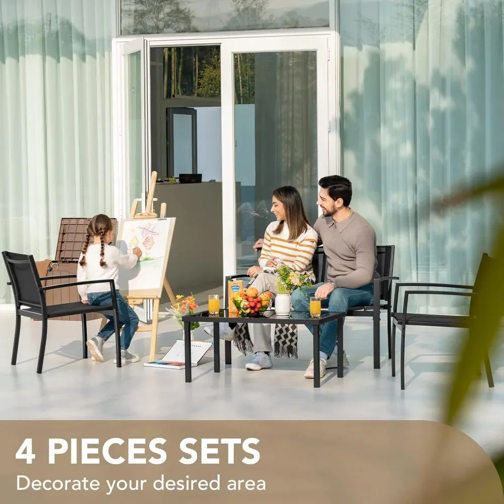 4 Pieces Patio Furniture Set Outdoor Garden Patio Conversation Sets Poolside Lawn Chairs with Glass Coffee Table