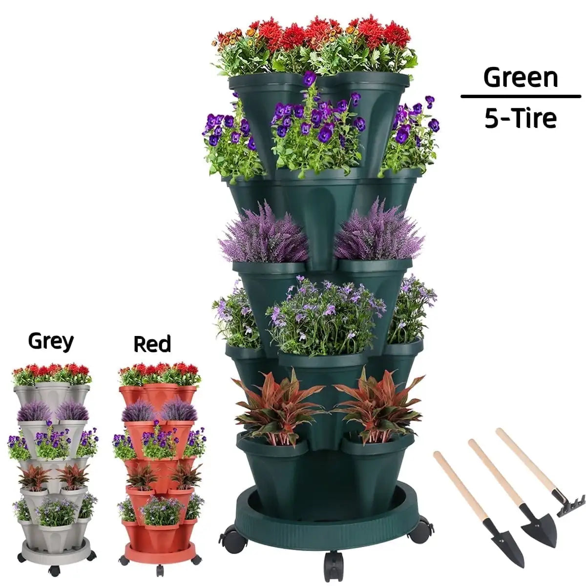 5 Tier Vertical Garden Stackable Planter with Wheels and Self-Watering Tools for Indoor and Outdoor Vegetables Herbs Flowers and Strawberries