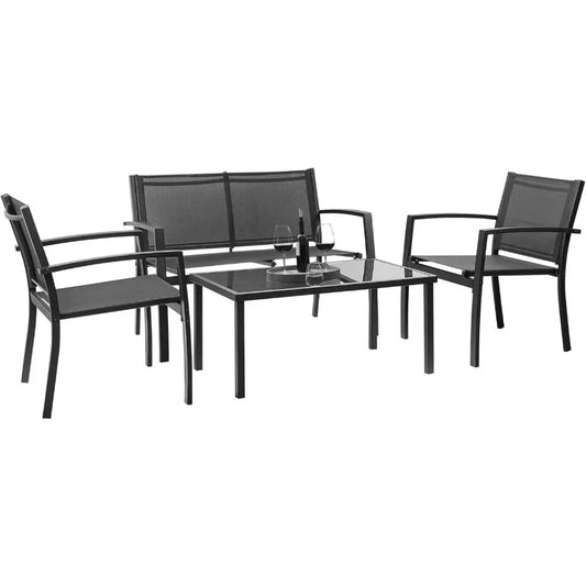 4 Pieces Patio Furniture Set Outdoor Garden Patio Conversation Sets Poolside Lawn Chairs with Glass Coffee Table