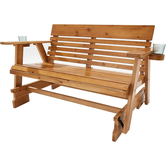 Wooden Patio Glider Bench with Cup Holders Heavy Duty 900 Pounds Outdoor Loveseat Glider with Ergonomic Deep Contoured Seat