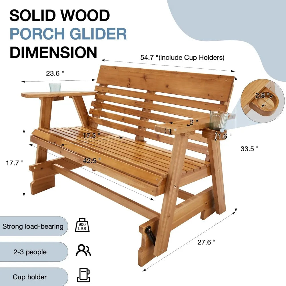Wooden Patio Glider Bench with Cup Holders Heavy Duty 900 Pounds Outdoor Loveseat Glider with Ergonomic Deep Contoured Seat