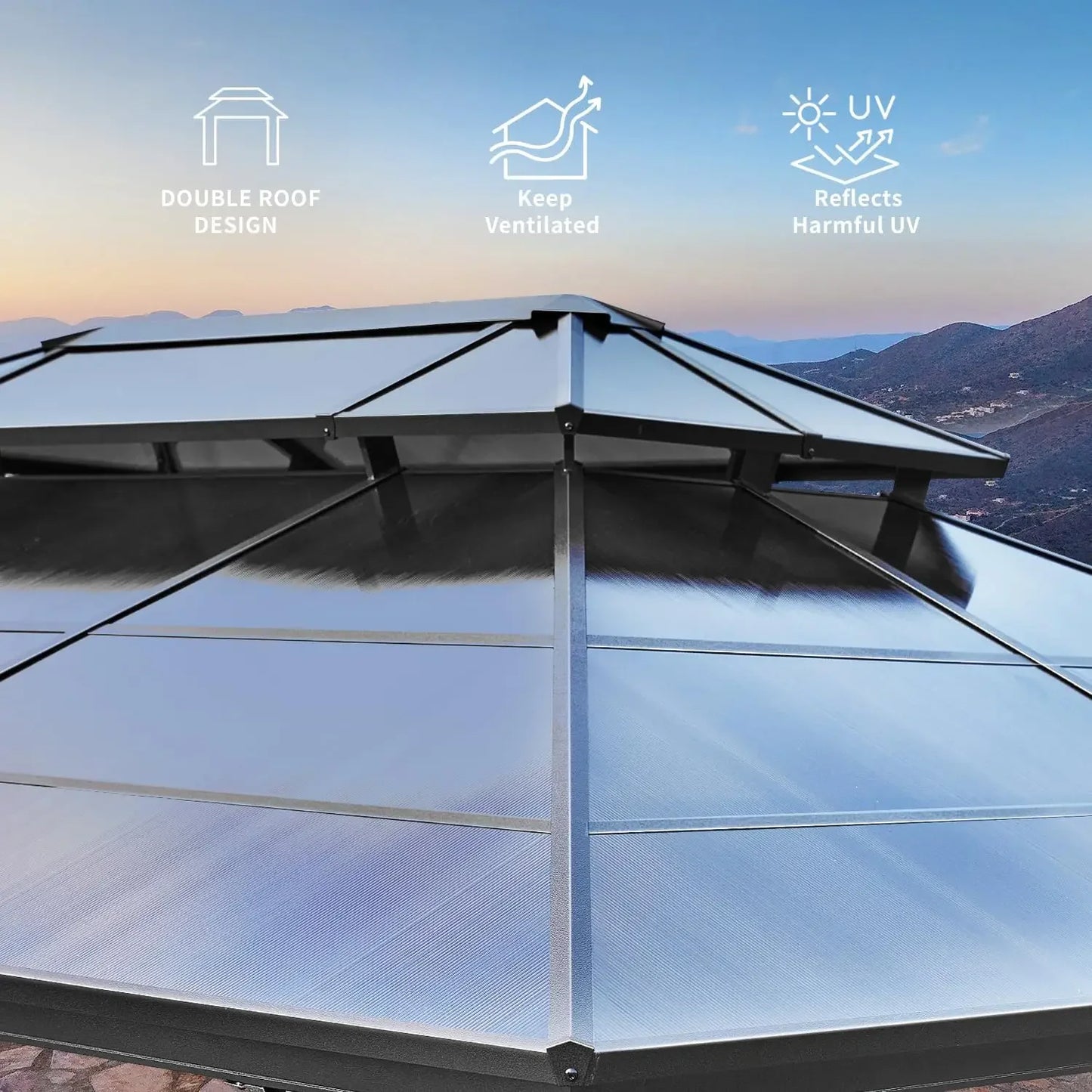 10x13 Hardtop Gazebo Outdoor Polycarbonate Double Roof Canopy Aluminum Frame Permanent Pavilion with Curtains and Netting