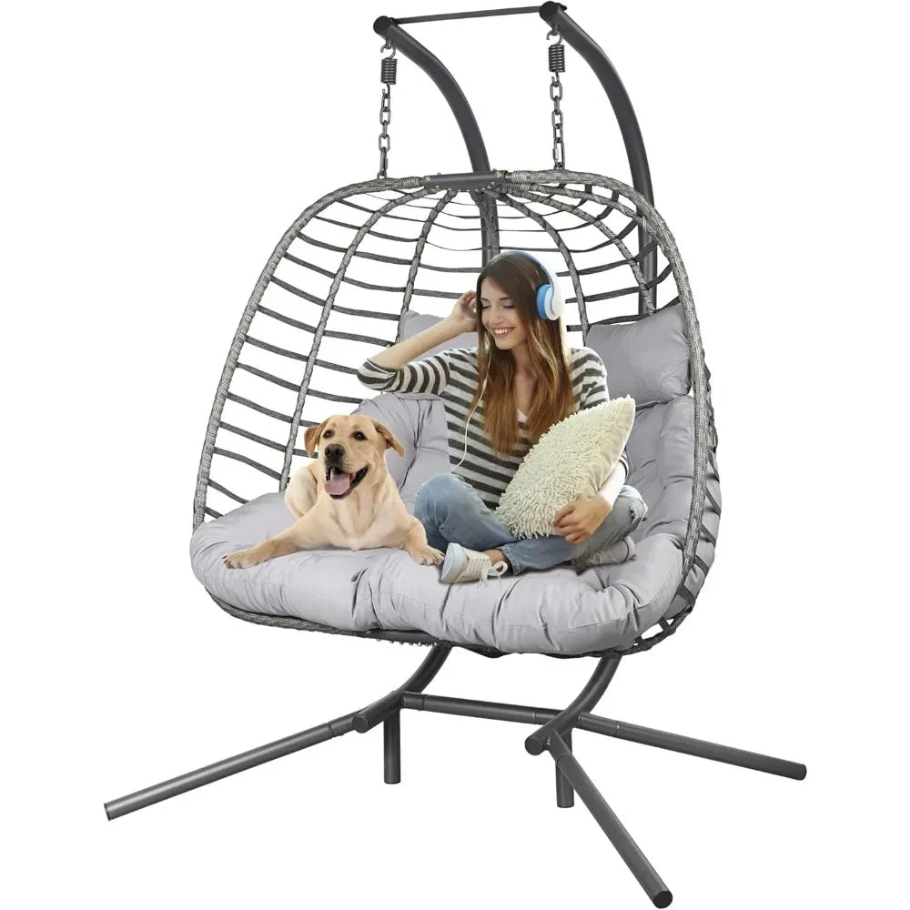 Double Hanging Egg Chair with Stand Patio Hammock Swing Chair Cushion Loveseat for Bedroom Balcony Garden Indoor Use