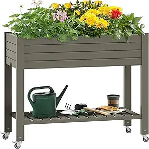YITAHOME Elevated Garden Bed Kit 3.6x1.5x2.8 FT with Legs and Wheels Outdoor Large Resin Planter Box Stand with Drain Plug