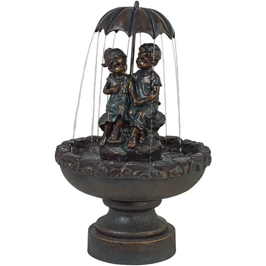 Boy and Girl Under Umbrella Outdoor Floor Water Fountain 40 Inch High Copper Green Bronze Resin for Garden Patio Yard Deck Home Lawn