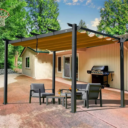 Domi Outdoor Living 10 X 10 Outdoor Retractable Pergola with Weather Resistant Canopy Aluminum Garden Patio Grill Gazebo