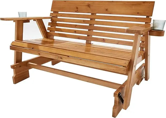 Wooden Patio Glider Bench with Cup Holders Heavy Duty 900 Pounds Outdoor Loveseat Glider with Ergonomic Deep Contoured Seat