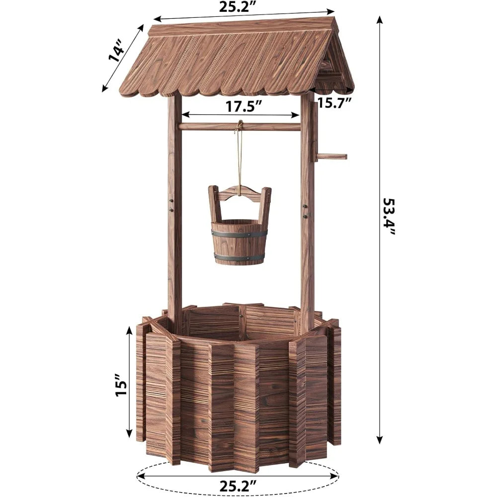 Outdoor Wooden Wishing Well Planter with Hanging Bucket for Flowers and Plants Home Decor for Patio Garden and Yard 25.6 Inches