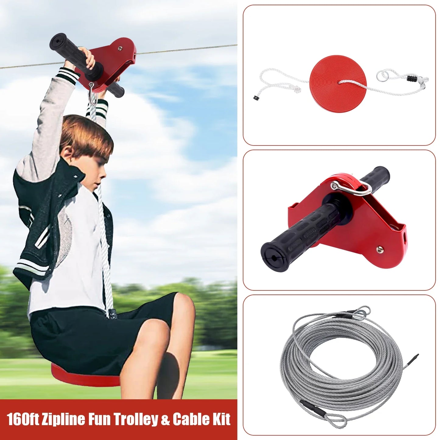 160FT Zipline Set with Stainless Steel Spring Brake & Seat for Exciting Outdoor Adventures Camping Tools Hiking Accessories