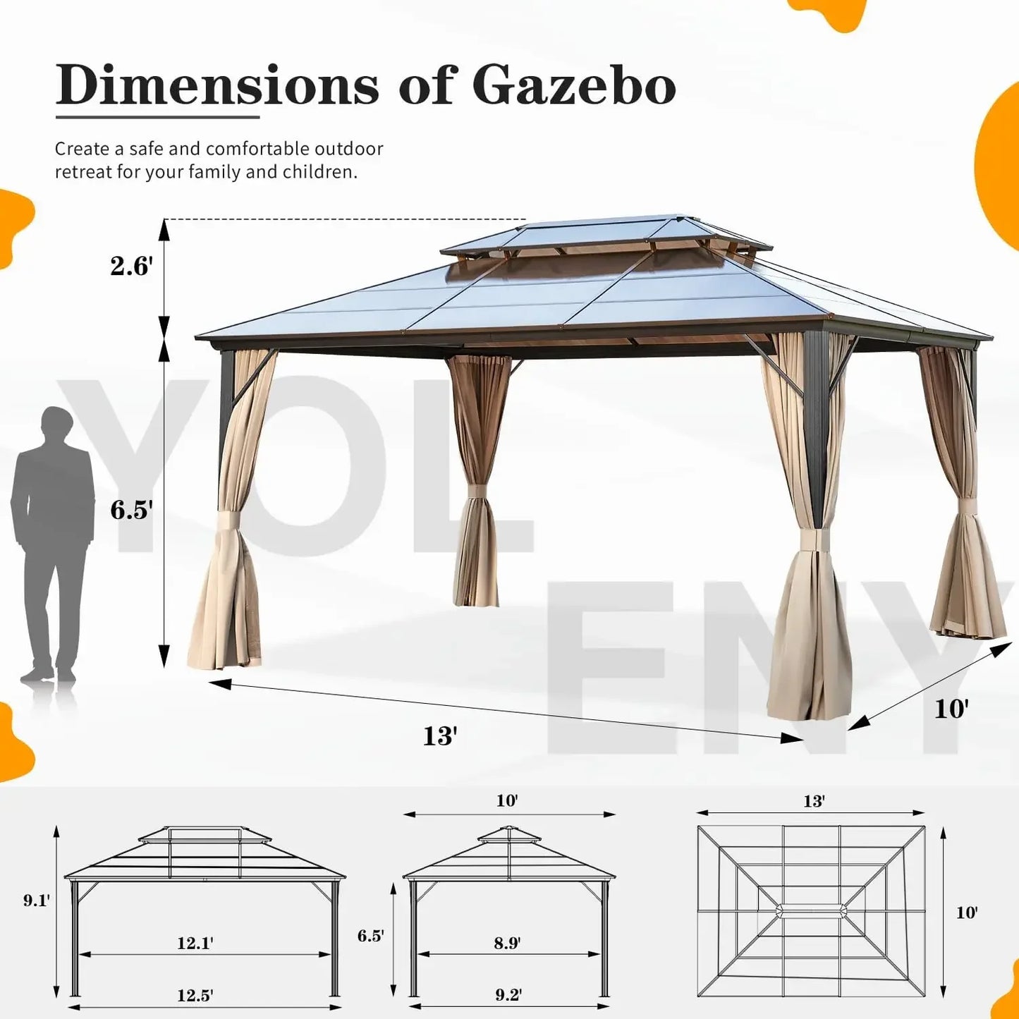 10x13 Hardtop Gazebo Outdoor Polycarbonate Double Roof Canopy Aluminum Frame Permanent Pavilion with Curtains and Netting
