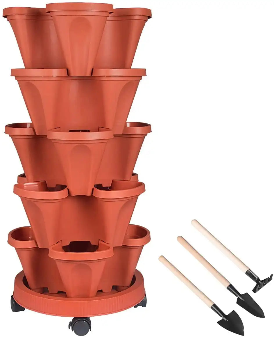 5 Tier Vertical Garden Stackable Planter with Wheels and Self-Watering Tools for Indoor and Outdoor Vegetables Herbs Flowers and Strawberries