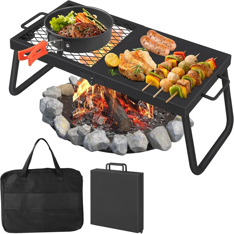 Folding Campfire Grill Heavy Duty Steel Mesh Grate Portable Grilling Rack