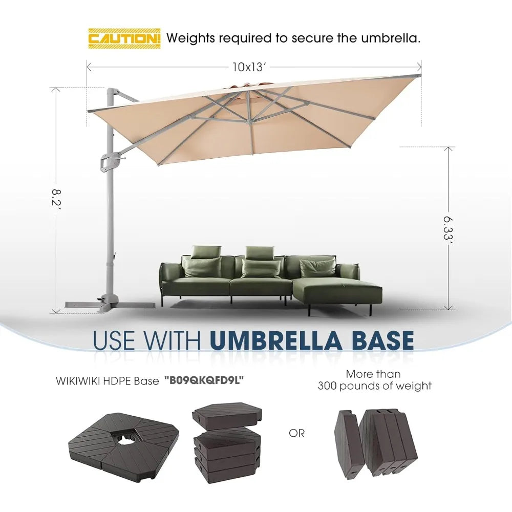 wikiwiki 10x13 FT Rectangular Cantilever Patio Umbrella, Offset Umbrella Outdoor Patio with 360° Rotation and Unlimited Tilting