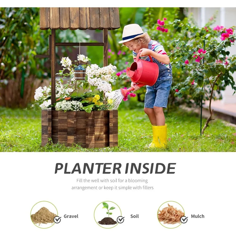 Outdoor Wooden Wishing Well Planter with Hanging Bucket for Flowers and Plants Home Decor for Patio Garden and Yard 25.6 Inches