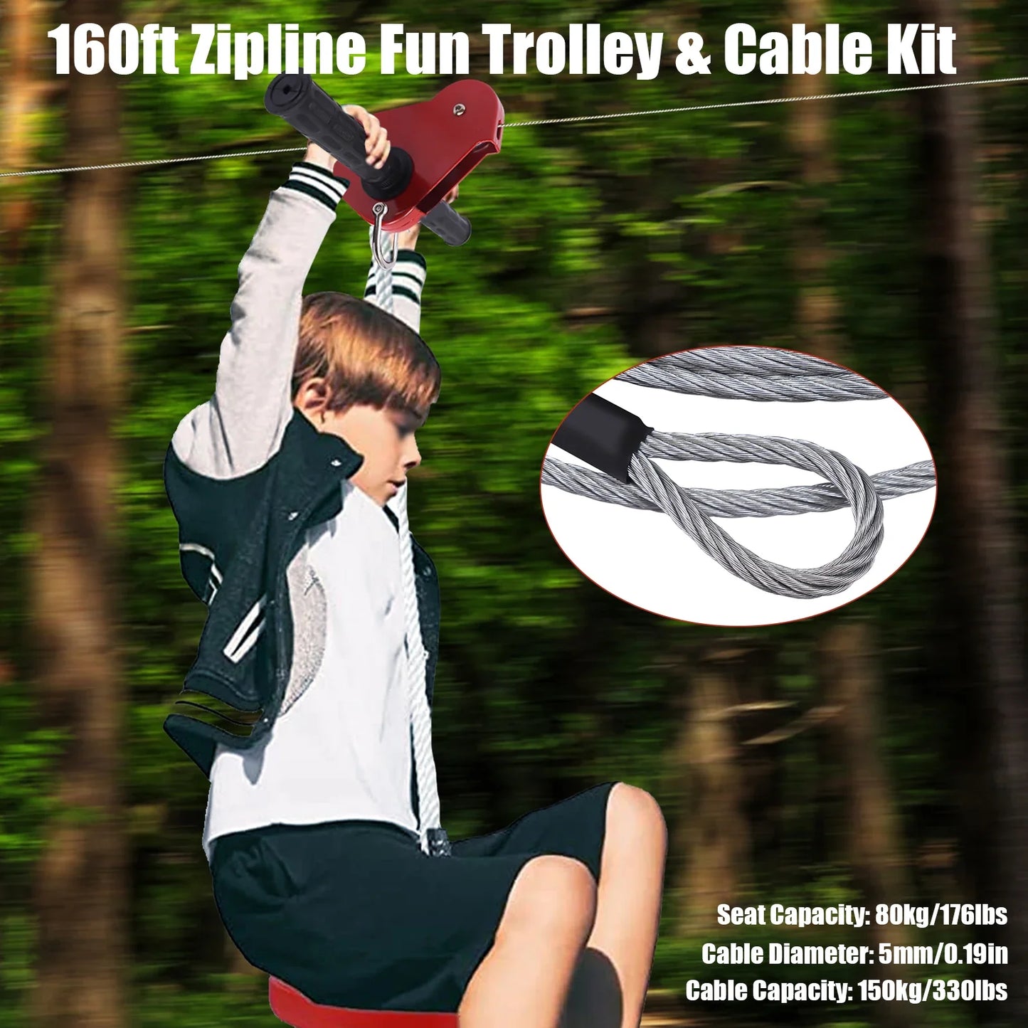 160FT Zipline Set with Stainless Steel Spring Brake & Seat for Exciting Outdoor Adventures Camping Tools Hiking Accessories