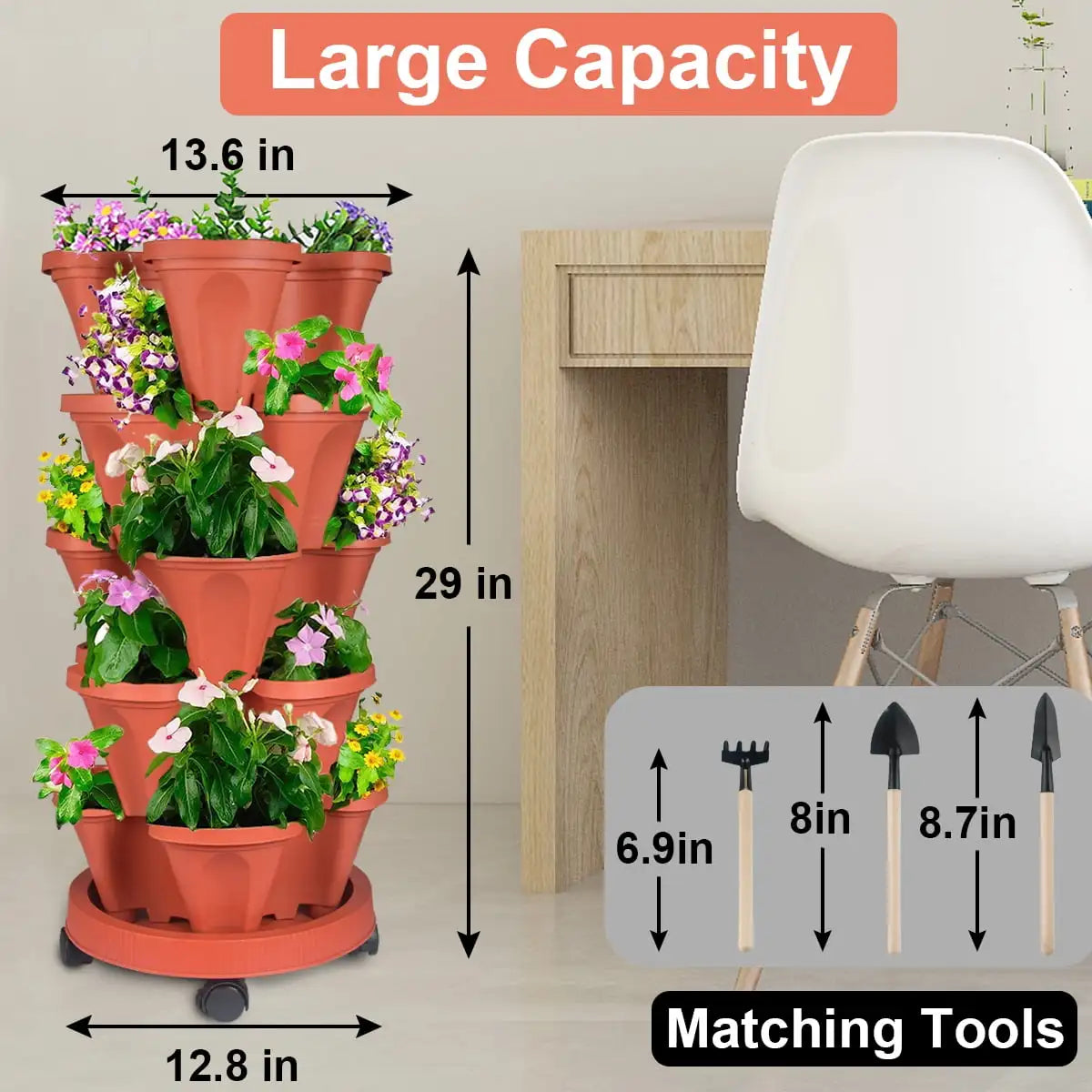 5 Tier Vertical Garden Stackable Planter with Wheels and Self-Watering Tools for Indoor and Outdoor Vegetables Herbs Flowers and Strawberries