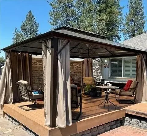 10x13 Hardtop Gazebo Outdoor Polycarbonate Double Roof Canopy Aluminum Frame Permanent Pavilion with Curtains and Netting