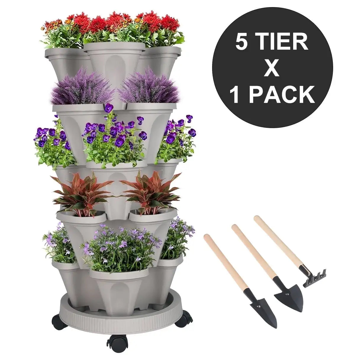 5 Tier Vertical Garden Stackable Planter with Wheels and Self-Watering Tools for Indoor and Outdoor Vegetables Herbs Flowers and Strawberries