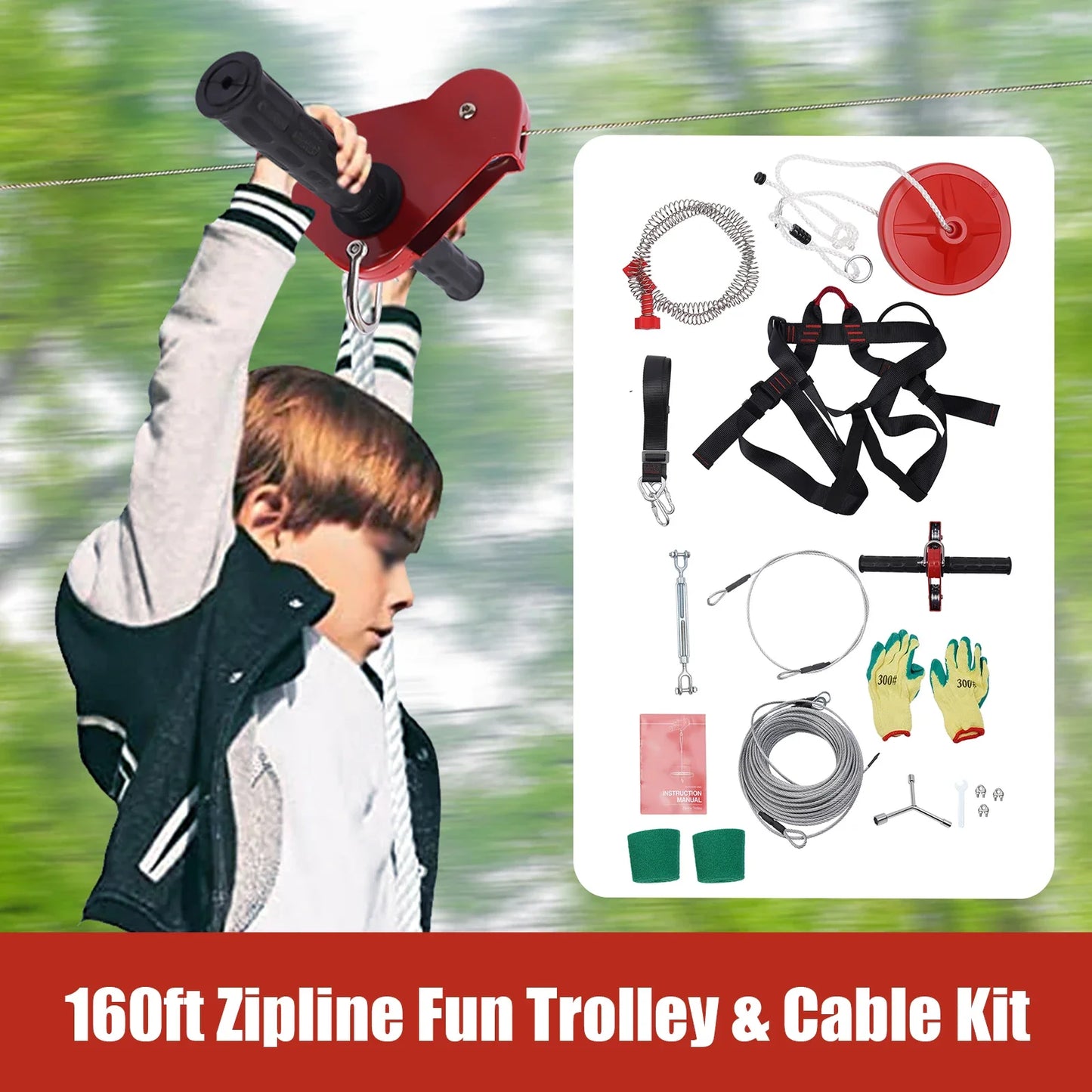 160FT Zipline Set with Stainless Steel Spring Brake & Seat for Exciting Outdoor Adventures Camping Tools Hiking Accessories