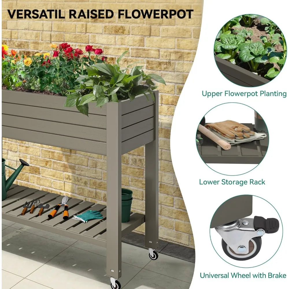 YITAHOME Elevated Garden Bed Kit 3.6x1.5x2.8 FT with Legs and Wheels Outdoor Large Resin Planter Box Stand with Drain Plug
