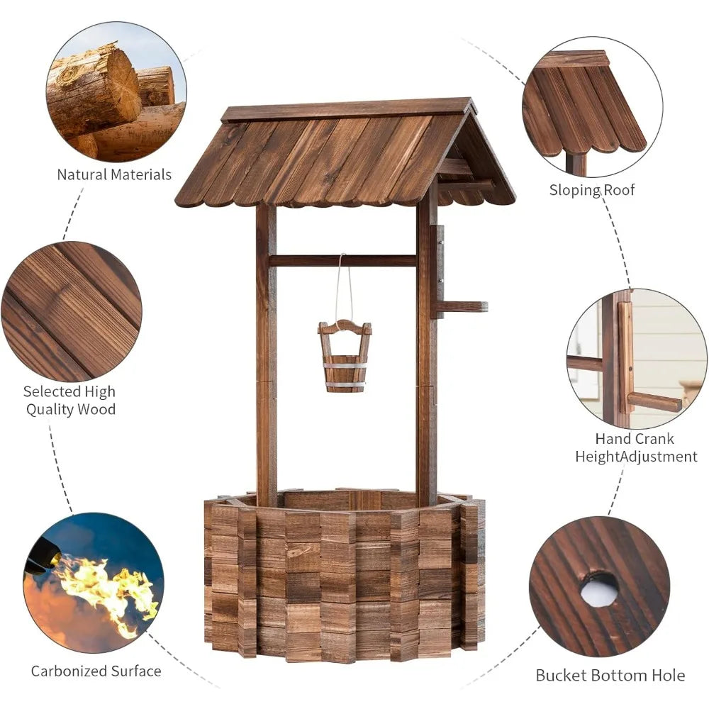 Outdoor Wooden Wishing Well Planter with Hanging Bucket for Flowers and Plants Home Decor for Patio Garden and Yard 25.6 Inches
