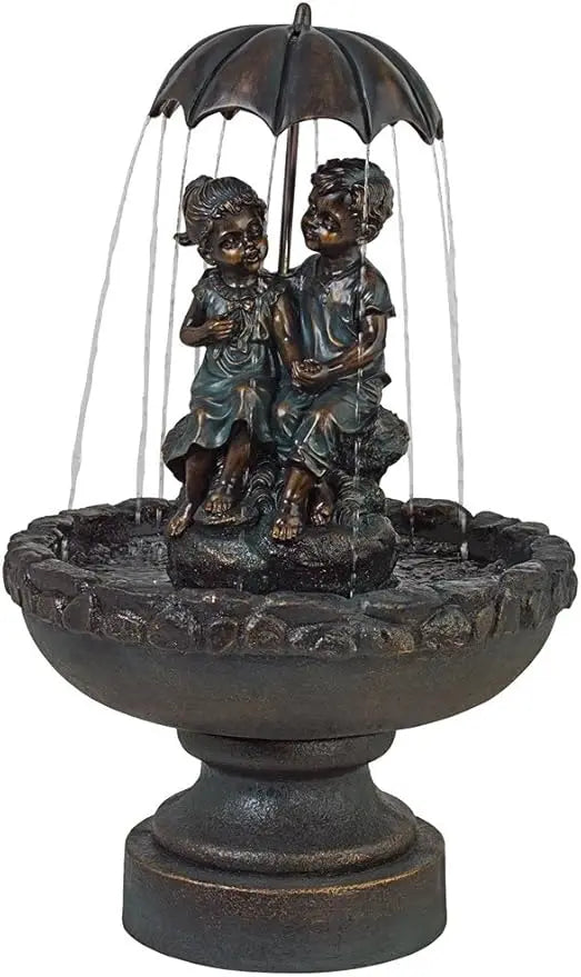 Boy and Girl Under Umbrella Outdoor Floor Water Fountain 40 Inch High Copper Green Bronze Resin for Garden Patio Yard Deck Home Lawn