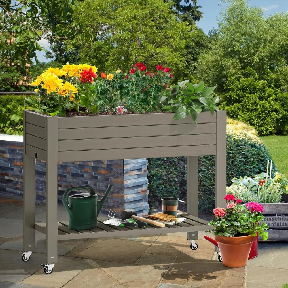 YITAHOME Elevated Garden Bed Kit 3.6x1.5x2.8 FT with Legs and Wheels Outdoor Large Resin Planter Box Stand with Drain Plug