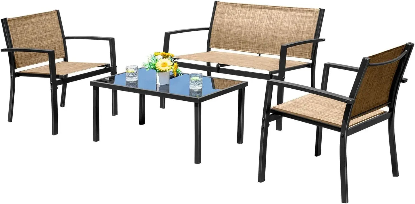 4 Pieces Patio Furniture Set Outdoor Garden Patio Conversation Sets Poolside Lawn Chairs with Glass Coffee Table