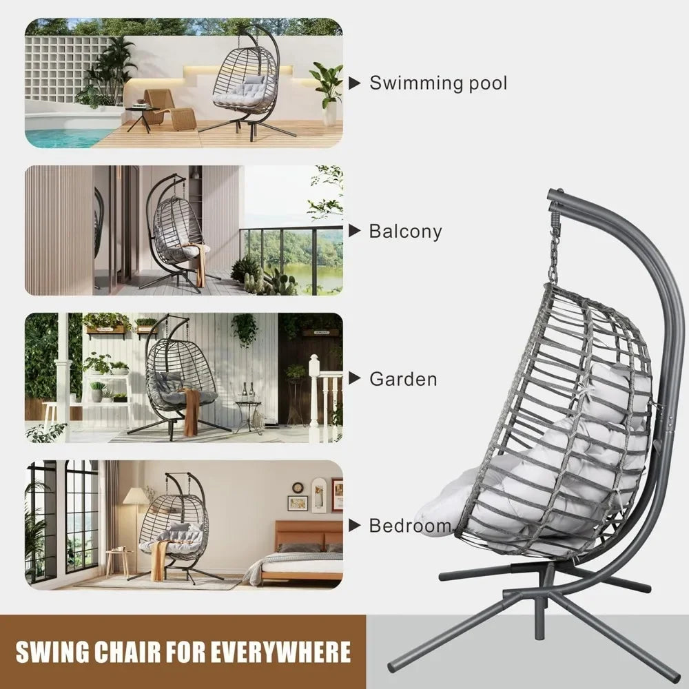 Double Hanging Egg Chair with Stand Patio Hammock Swing Chair Cushion Loveseat for Bedroom Balcony Garden Indoor Use