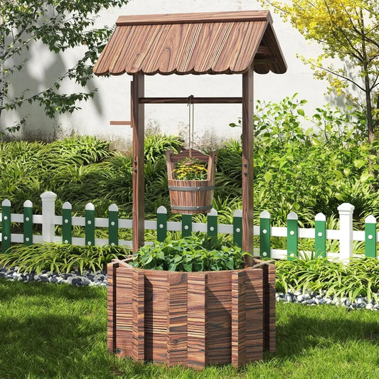 Outdoor Wooden Wishing Well Planter with Hanging Bucket for Flowers and Plants Home Decor for Patio Garden and Yard 25.6 Inches