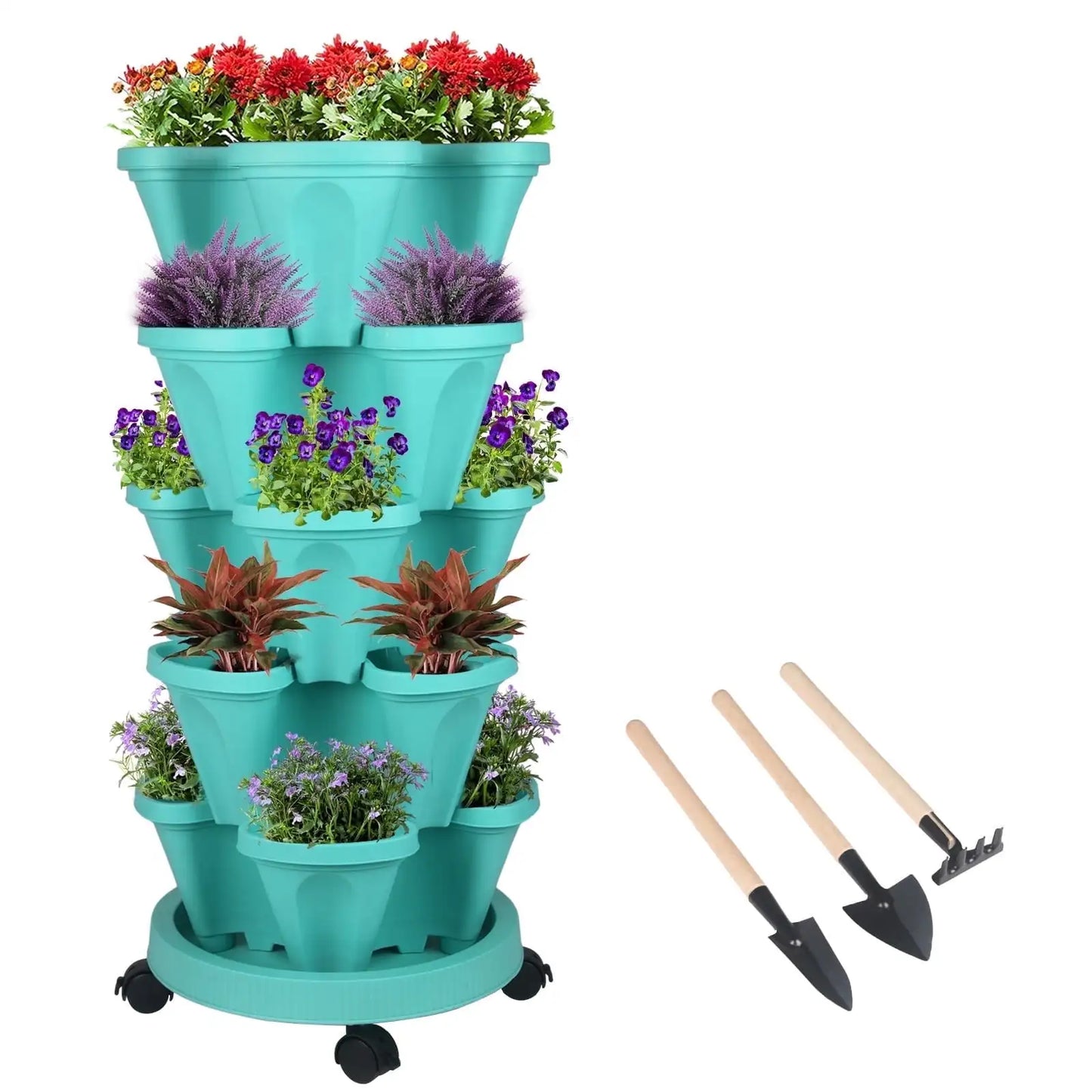 5 Tier Vertical Garden Stackable Planter with Wheels and Self-Watering Tools for Indoor and Outdoor Vegetables Herbs Flowers and Strawberries