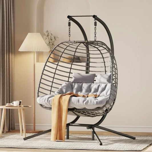 Double Hanging Egg Chair with Stand Patio Hammock Swing Chair Cushion Loveseat for Bedroom Balcony Garden Indoor Use
