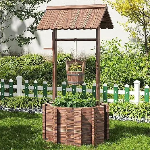 Outdoor Wooden Wishing Well Planter with Hanging Bucket for Flowers and Plants Home Decor for Patio Garden and Yard 25.6 Inches