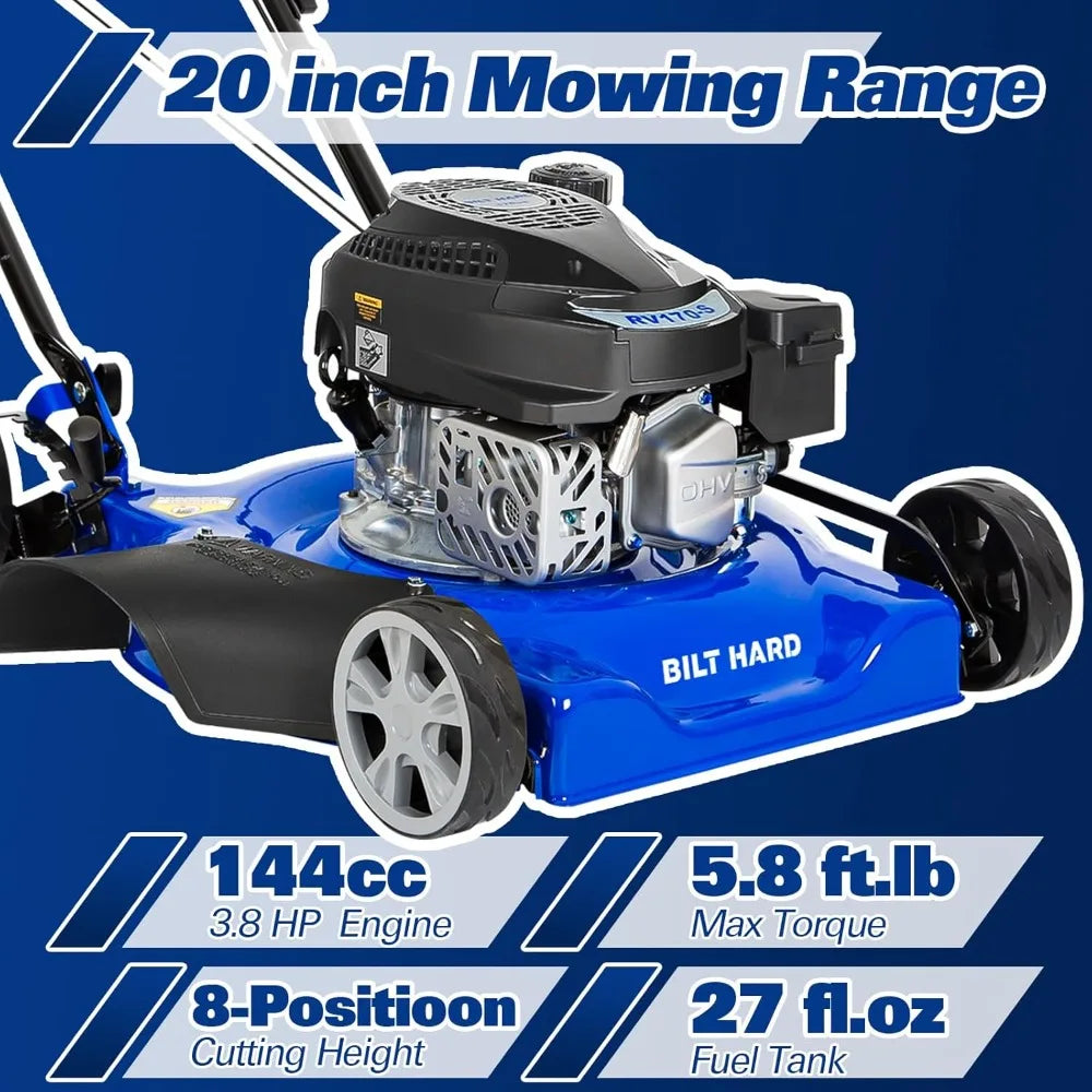 Gas Lawn Mower 20 Inch with 144cc 4-Cycle Engine and 8 Heights
