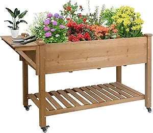 Raised Garden Bed Outdoor with Lockable Wheels 55 Inch x 24 Inch x 33 Inch Elevated Wood Planter Box for Backyard Balcony Patio Garden