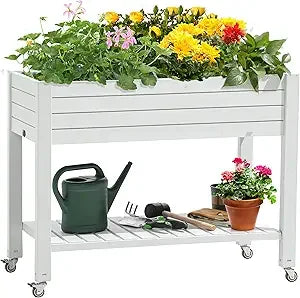 YITAHOME Elevated Garden Bed Kit 3.6x1.5x2.8 FT with Legs and Wheels Outdoor Large Resin Planter Box Stand with Drain Plug