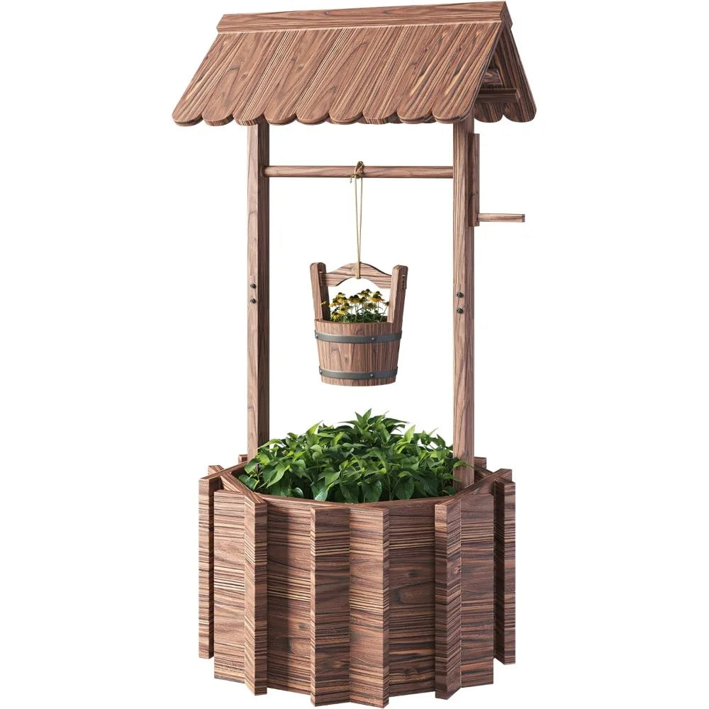 Outdoor Wooden Wishing Well Planter with Hanging Bucket for Flowers and Plants Home Decor for Patio Garden and Yard 25.6 Inches