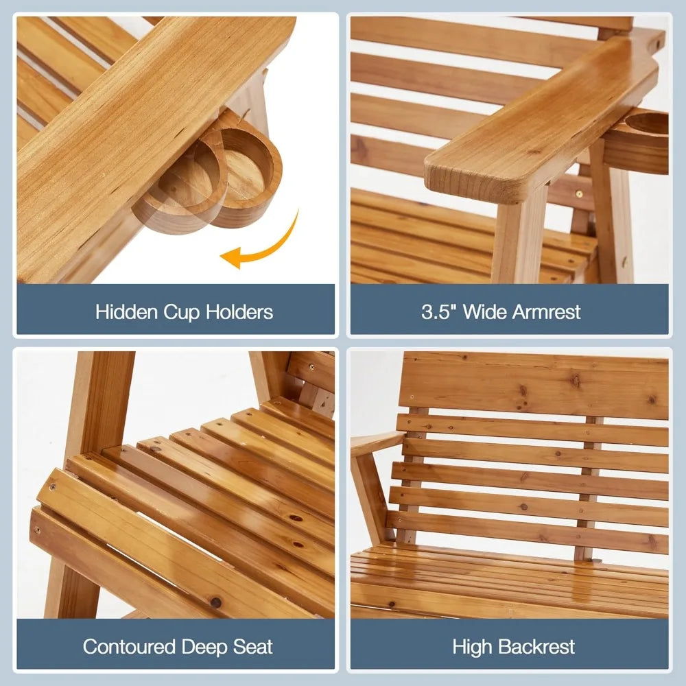 Wooden Patio Glider Bench with Cup Holders Heavy Duty 900 Pounds Outdoor Loveseat Glider with Ergonomic Deep Contoured Seat