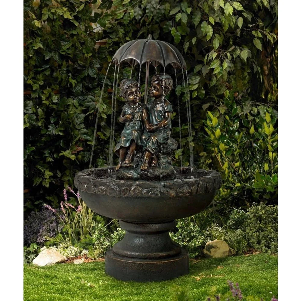 Boy and Girl Under Umbrella Outdoor Floor Water Fountain 40 Inch High Copper Green Bronze Resin for Garden Patio Yard Deck Home Lawn