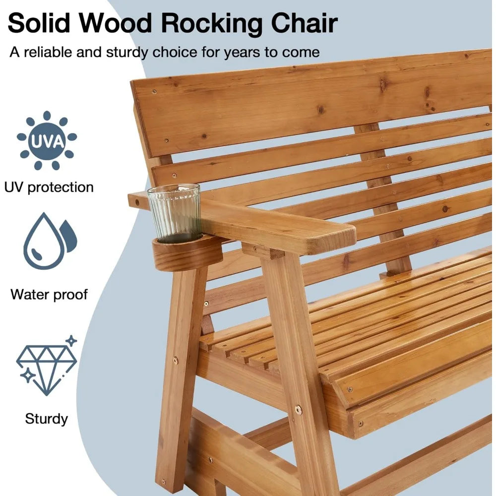 Wooden Patio Glider Bench with Cup Holders Heavy Duty 900 Pounds Outdoor Loveseat Glider with Ergonomic Deep Contoured Seat