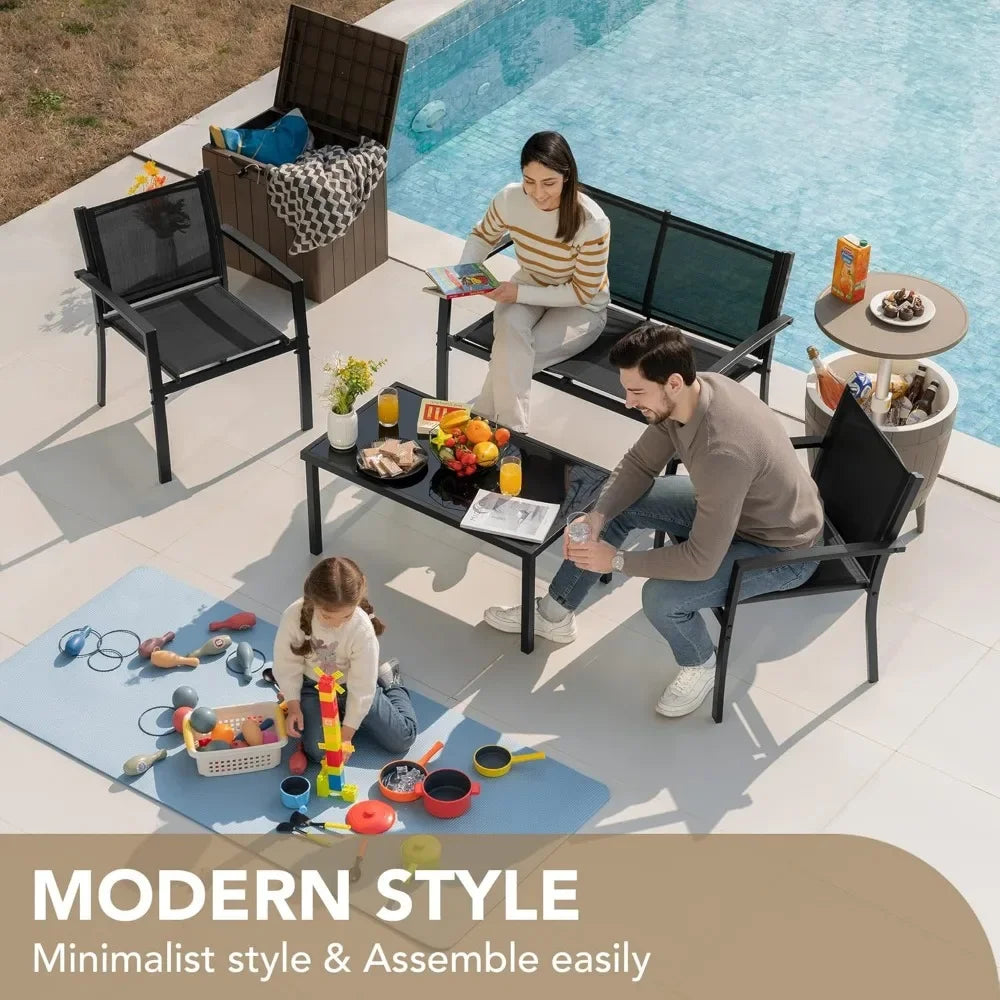 4 Pieces Patio Furniture Set Outdoor Garden Patio Conversation Sets Poolside Lawn Chairs with Glass Coffee Table