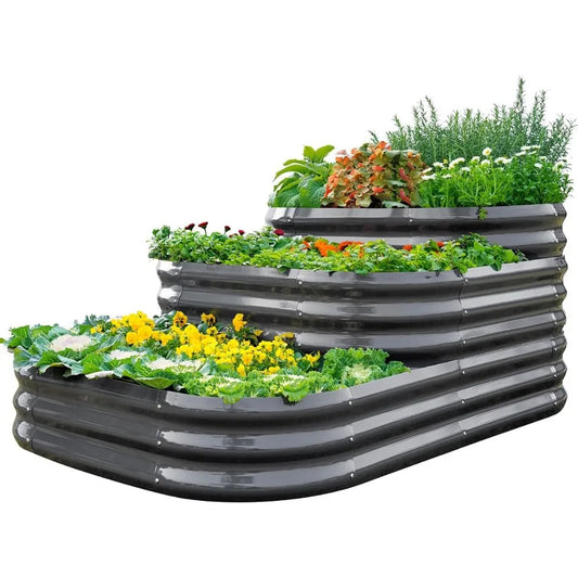 Quictent Galvanized Tiered Raised Garden Bed Kit Oval Planting Box 43x63x31.5 Inches for Vegetables Outdoor 3-in-1 Assembly Modular