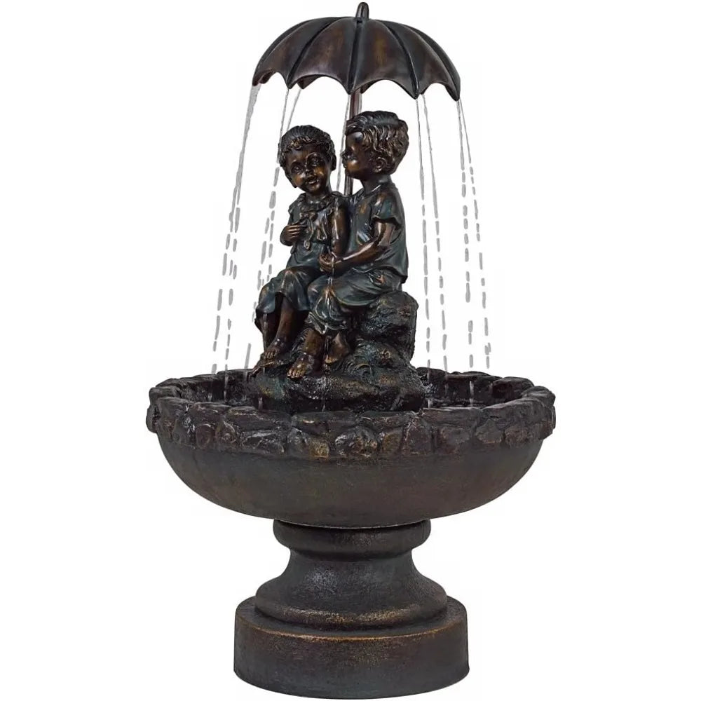 Boy and Girl Under Umbrella Outdoor Floor Water Fountain 40 Inch High Copper Green Bronze Resin for Garden Patio Yard Deck Home Lawn