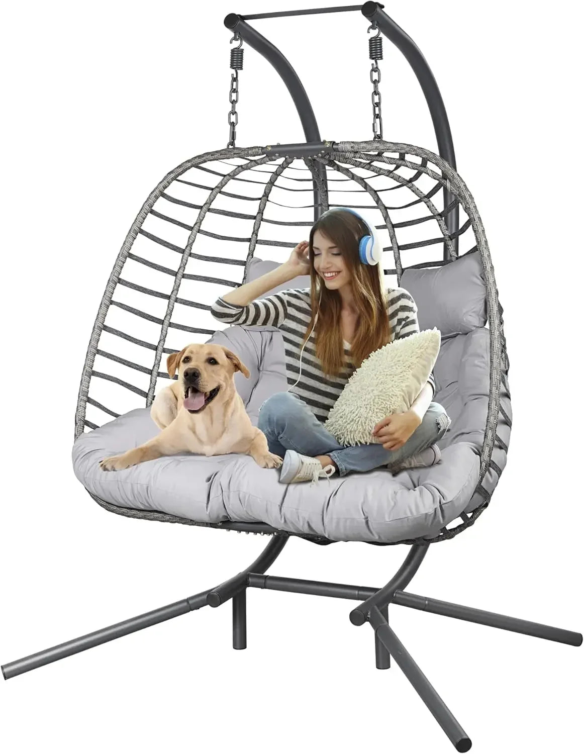Double Hanging Egg Chair with Stand Patio Hammock Swing Chair Cushion Loveseat for Bedroom Balcony Garden Indoor Use