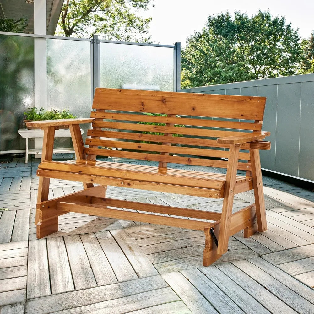 Wooden Patio Glider Bench with Cup Holders Heavy Duty 900 Pounds Outdoor Loveseat Glider with Ergonomic Deep Contoured Seat